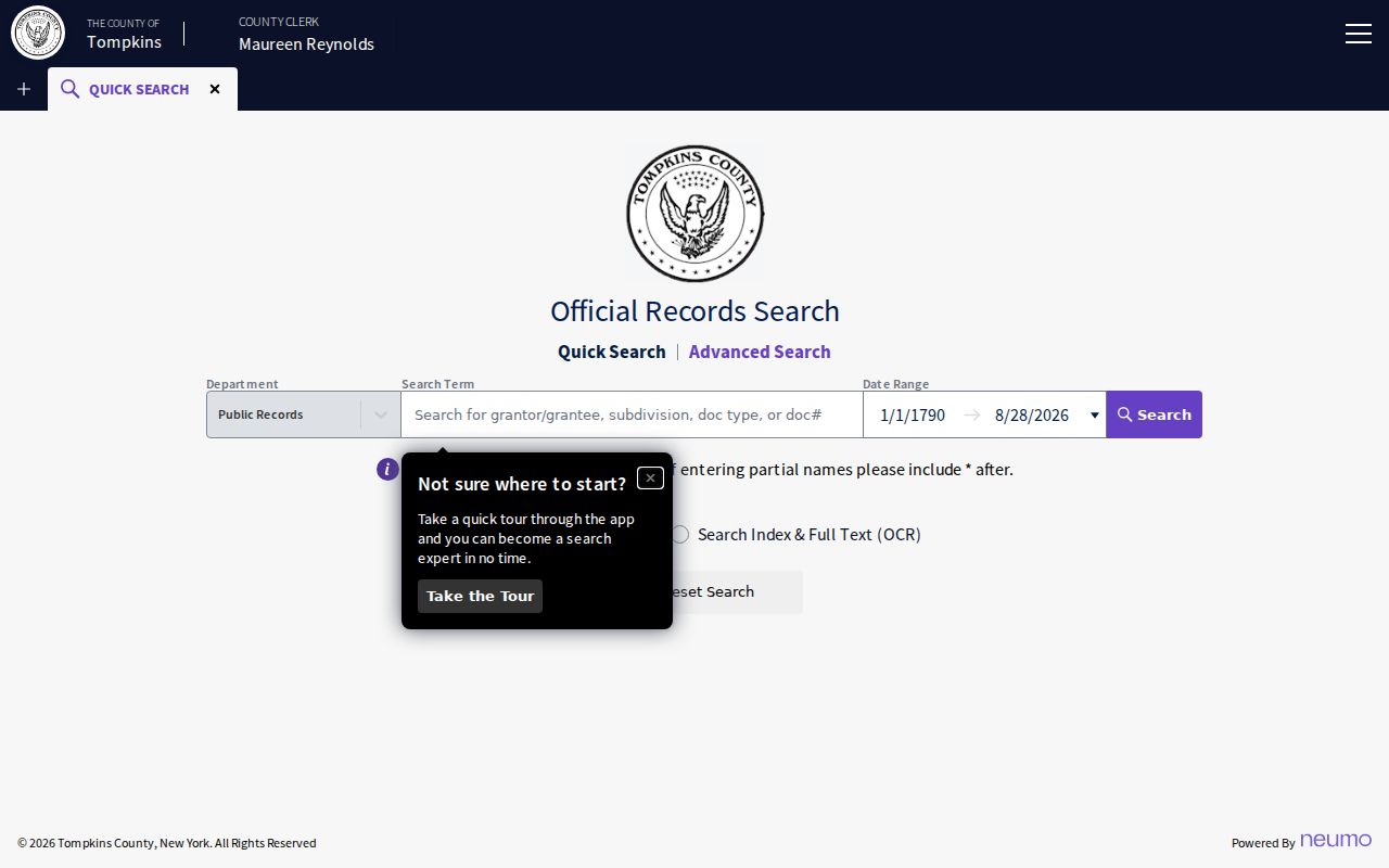 Town of Ithaca residents directory Tompkins County Clerk quick search fields