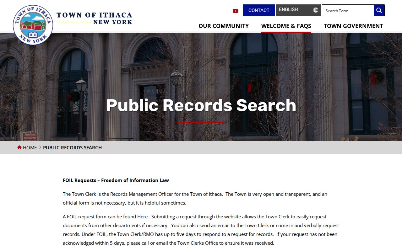 Town of Ithaca residents directory FOIL public records access instructions